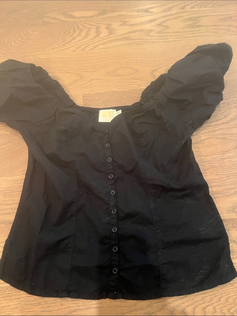 Nation LTD Black Button-Front Puff Sleeve Top